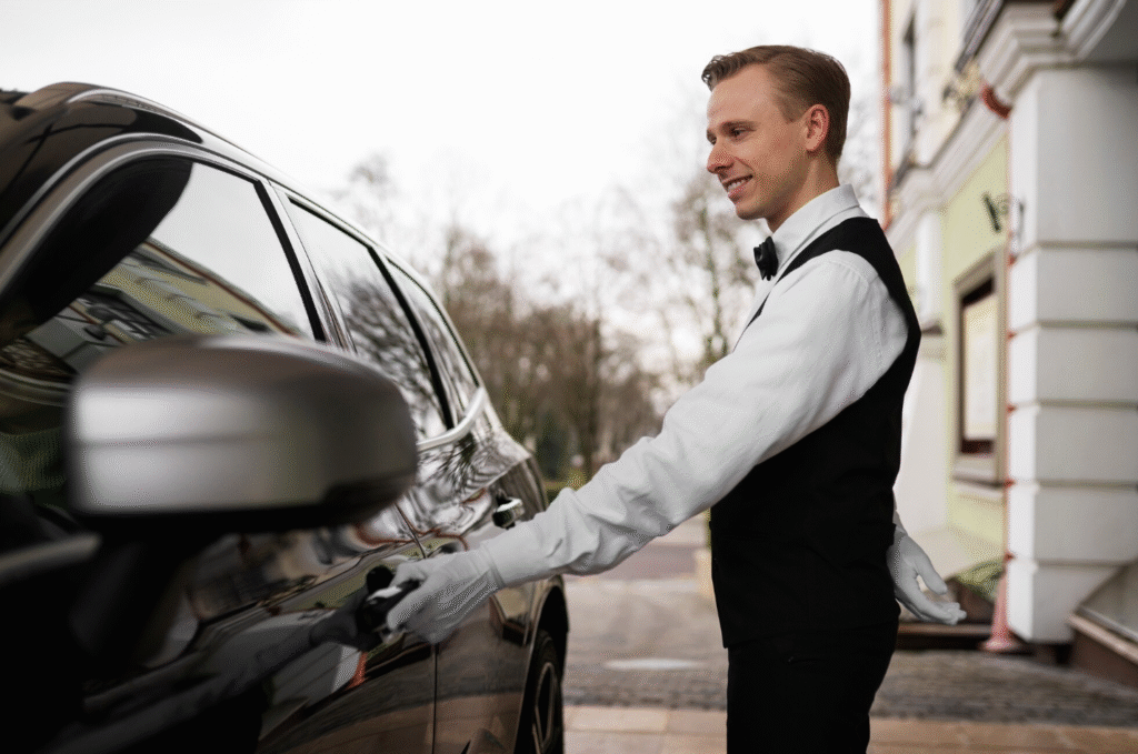chauffeur opening door luxury car city private driver zurich